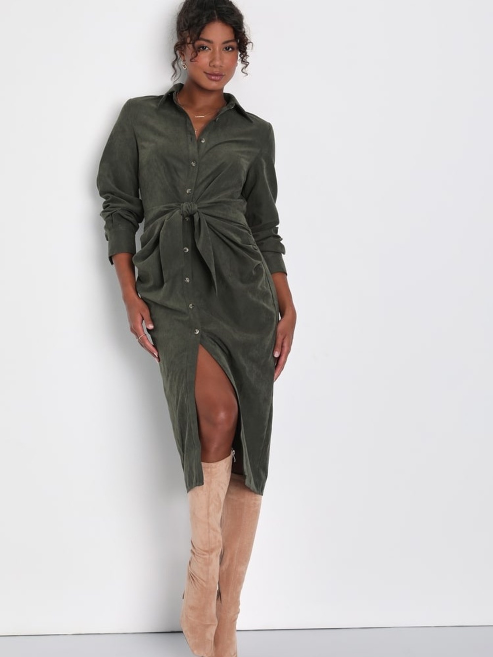 Lulus Autumnal Views Olive Green Suede Button-Up Tie-Front Midi Dress SizeXS NWT